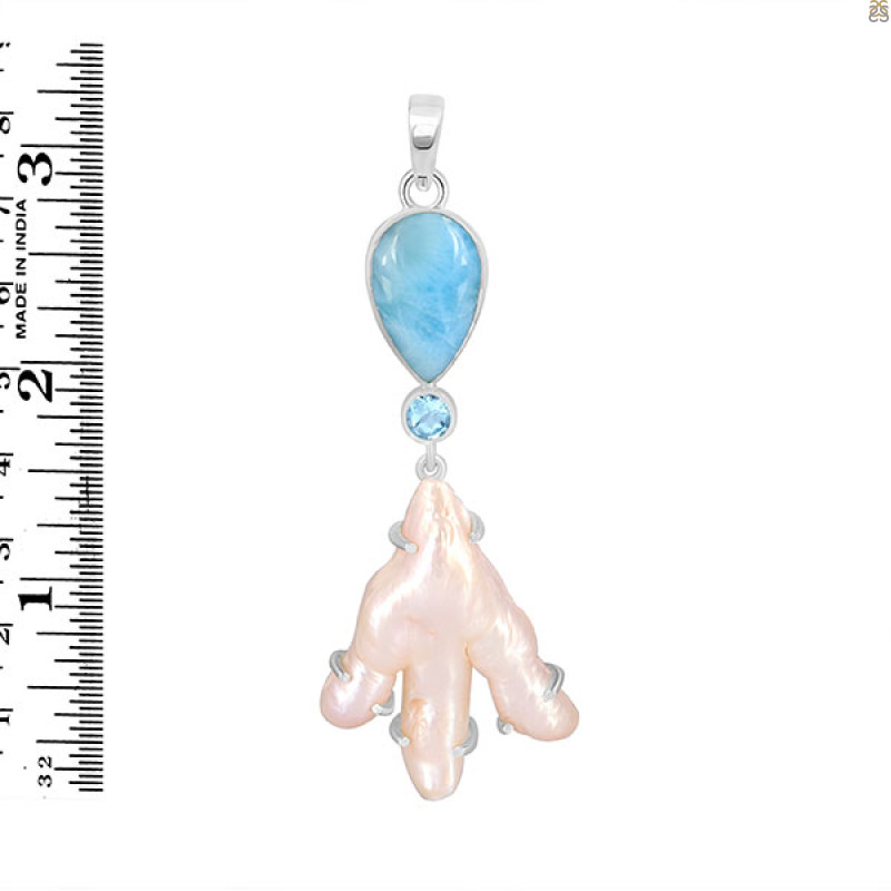 Larimar Blue-Topaz Biwa-Pearl Pendant-2SP LAR-1-1713