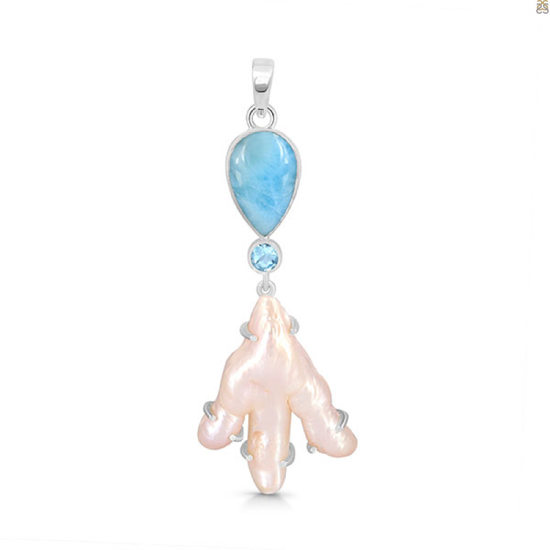 Larimar Blue-Topaz Biwa-Pearl Pendant-2SP LAR-1-1713