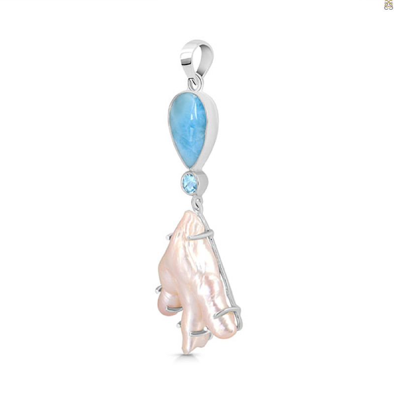 Larimar Blue-Topaz Biwa-Pearl Pendant-2SP LAR-1-1713