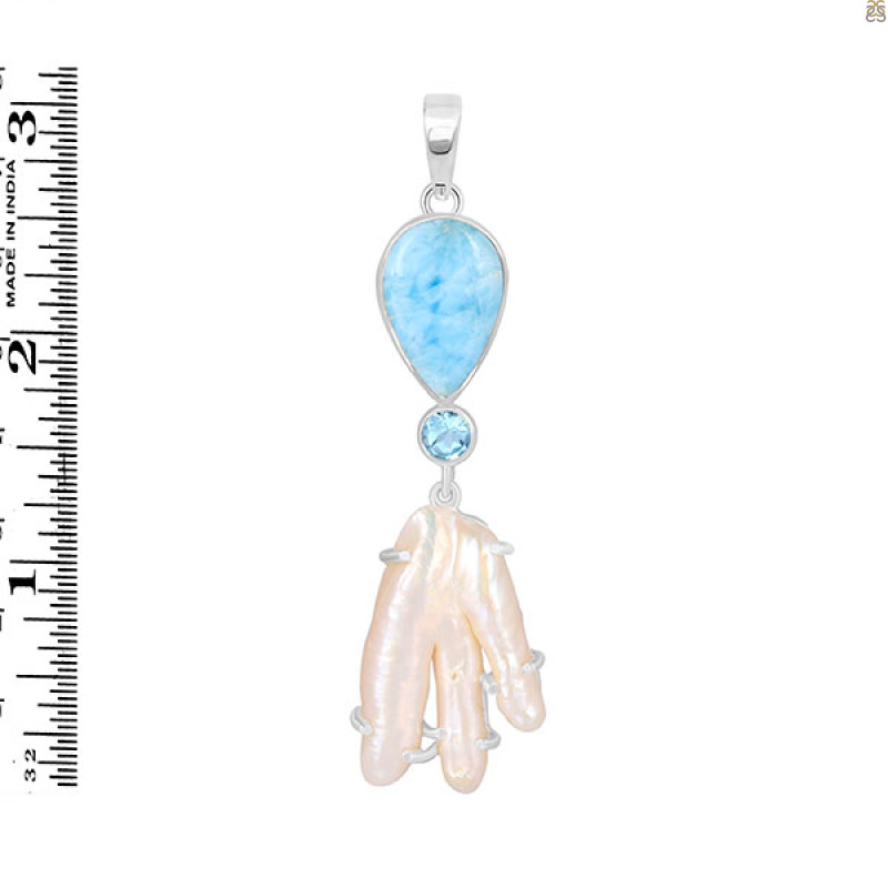 Larimar Blue-Topaz Biwa-Pearl Pendant-2SP LAR-1-1714