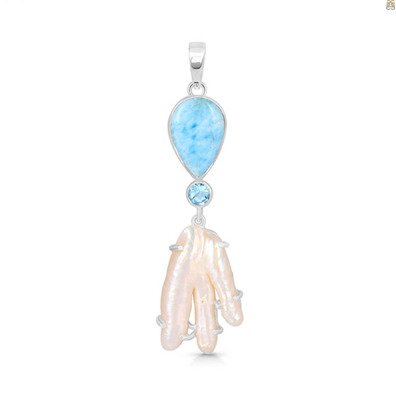 Larimar Blue-Topaz Biwa-Pearl Pendant-2SP LAR-1-1714