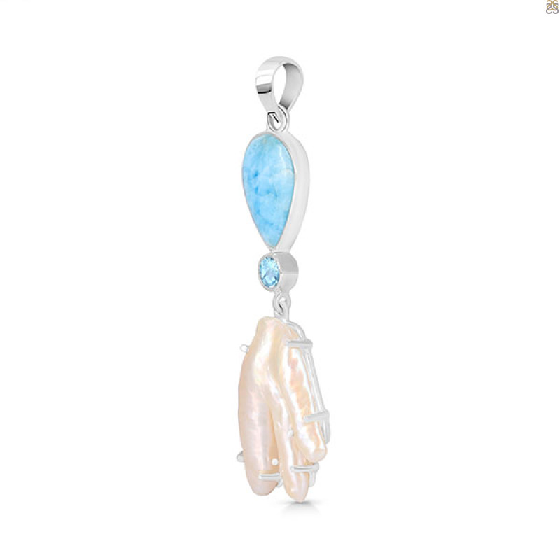 Larimar Blue-Topaz Biwa-Pearl Pendant-2SP LAR-1-1714