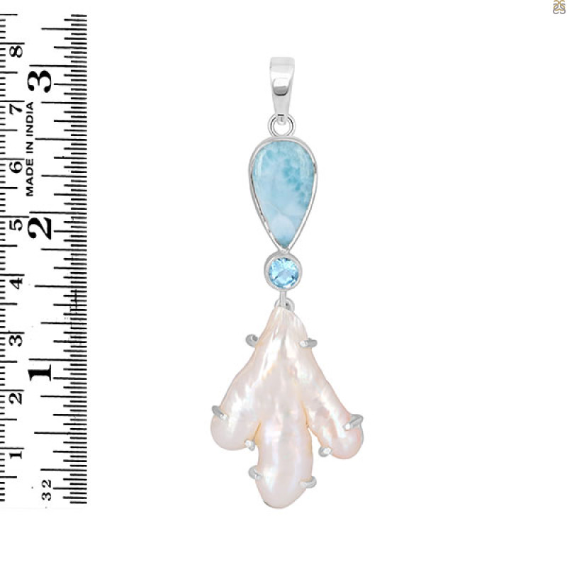 Larimar Blue-Topaz Biwa-Pearl Pendant-2SP LAR-1-1719