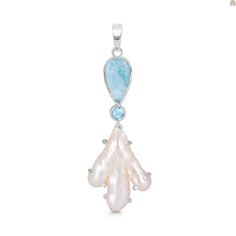 Larimar Blue-Topaz Biwa-Pearl Pendant-2SP LAR-1-1719