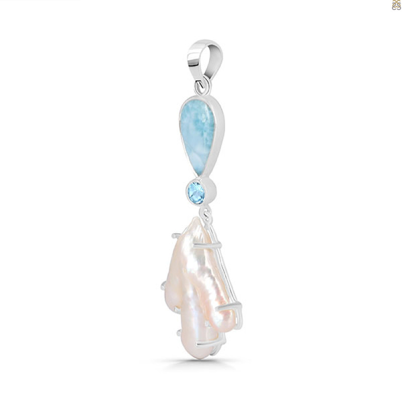 Larimar Blue-Topaz Biwa-Pearl Pendant-2SP LAR-1-1719