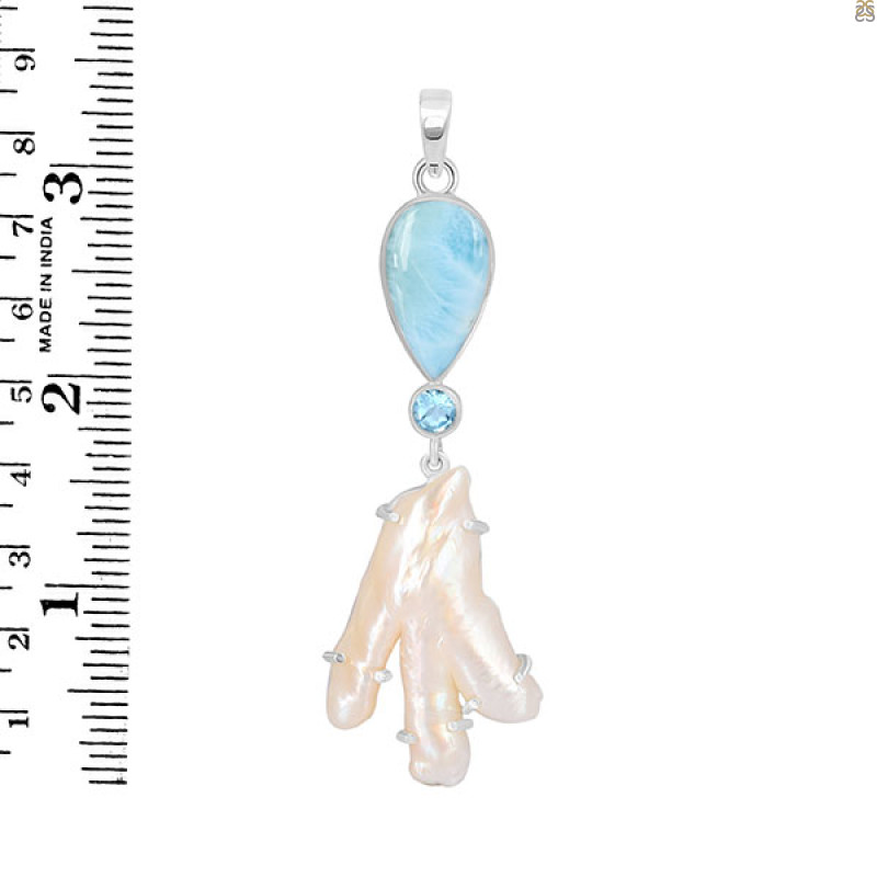 Larimar Blue-Topaz Biwa-Pearl Pendant-2SP LAR-1-1722