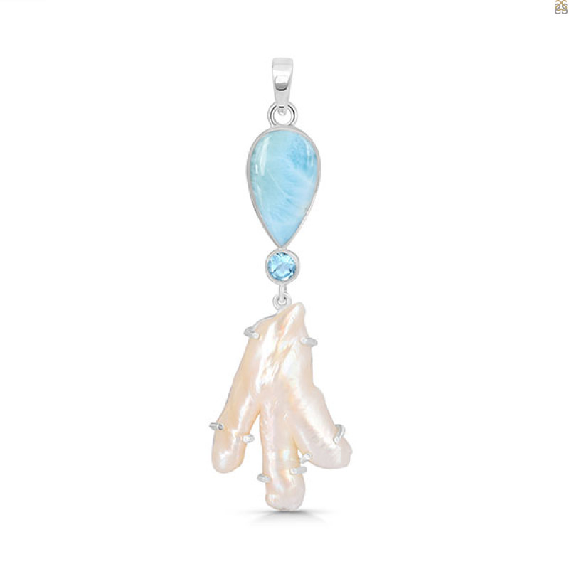 Larimar Blue-Topaz Biwa-Pearl Pendant-2SP LAR-1-1722