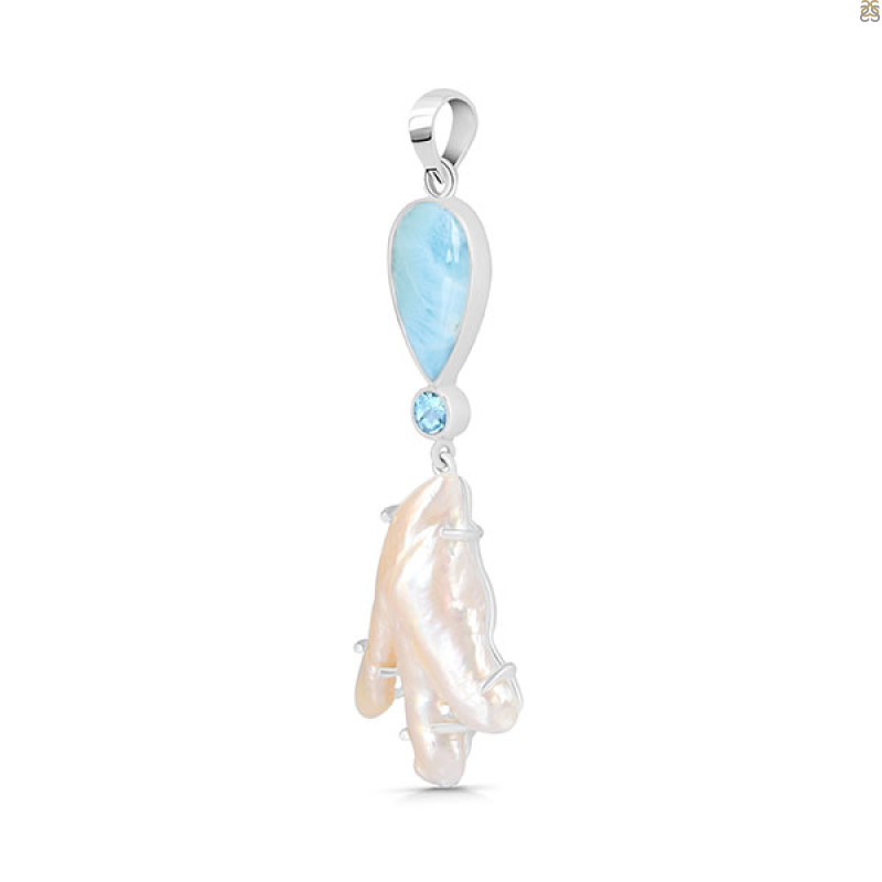 Larimar Blue-Topaz Biwa-Pearl Pendant-2SP LAR-1-1722