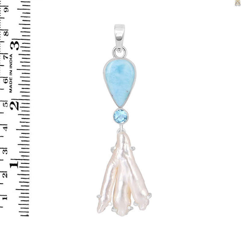 Larimar Blue-Topaz Biwa-Pearl Pendant-2SP LAR-1-1723