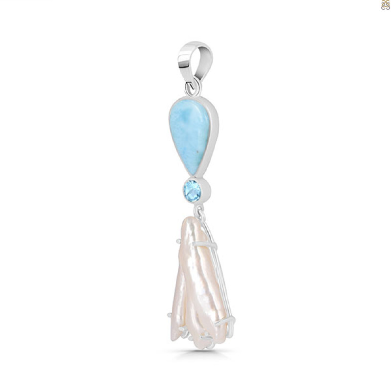 Larimar Blue-Topaz Biwa-Pearl Pendant-2SP LAR-1-1723