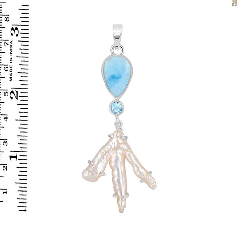 Larimar Blue-Topaz Biwa-Pearl Pendant-2SP LAR-1-1724