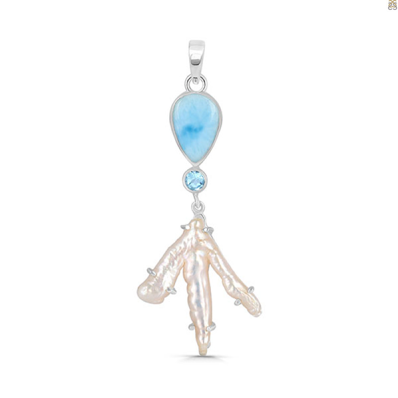 Larimar Blue-Topaz Biwa-Pearl Pendant-2SP LAR-1-1724
