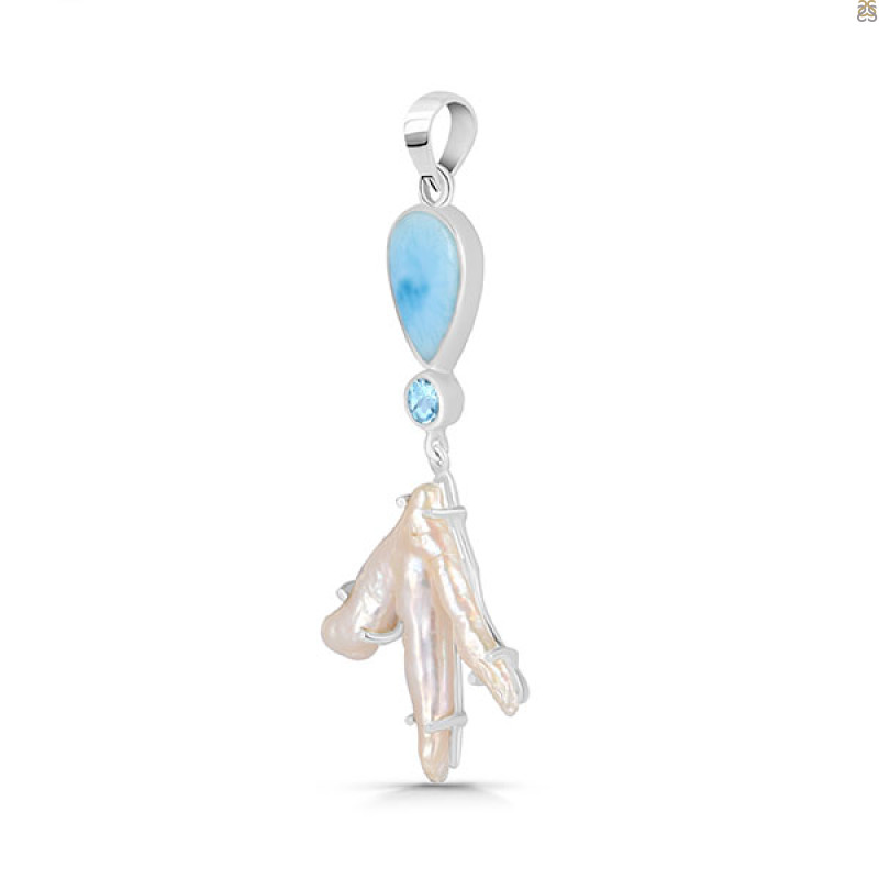 Larimar Blue-Topaz Biwa-Pearl Pendant-2SP LAR-1-1724