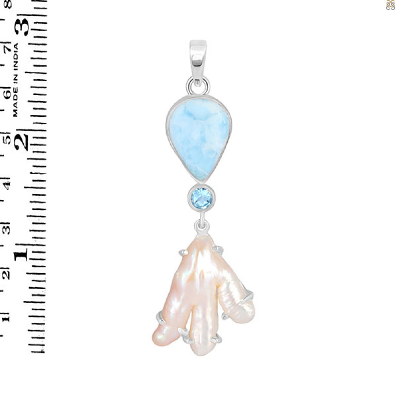 Larimar Blue-Topaz Biwa-Pearl Pendant-2SP LAR-1-1725