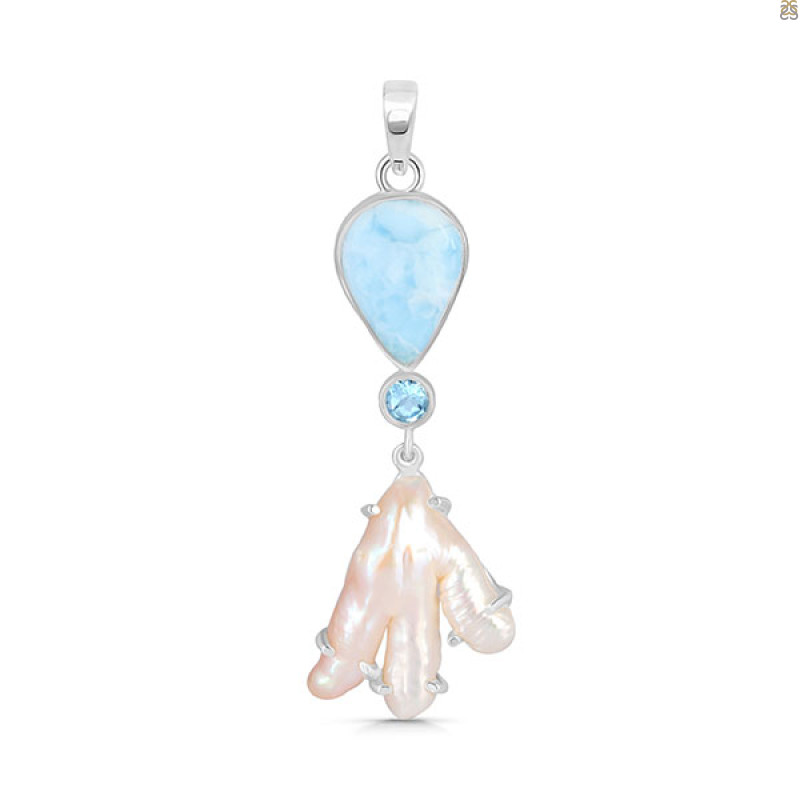 Larimar Blue-Topaz Biwa-Pearl Pendant-2SP LAR-1-1725