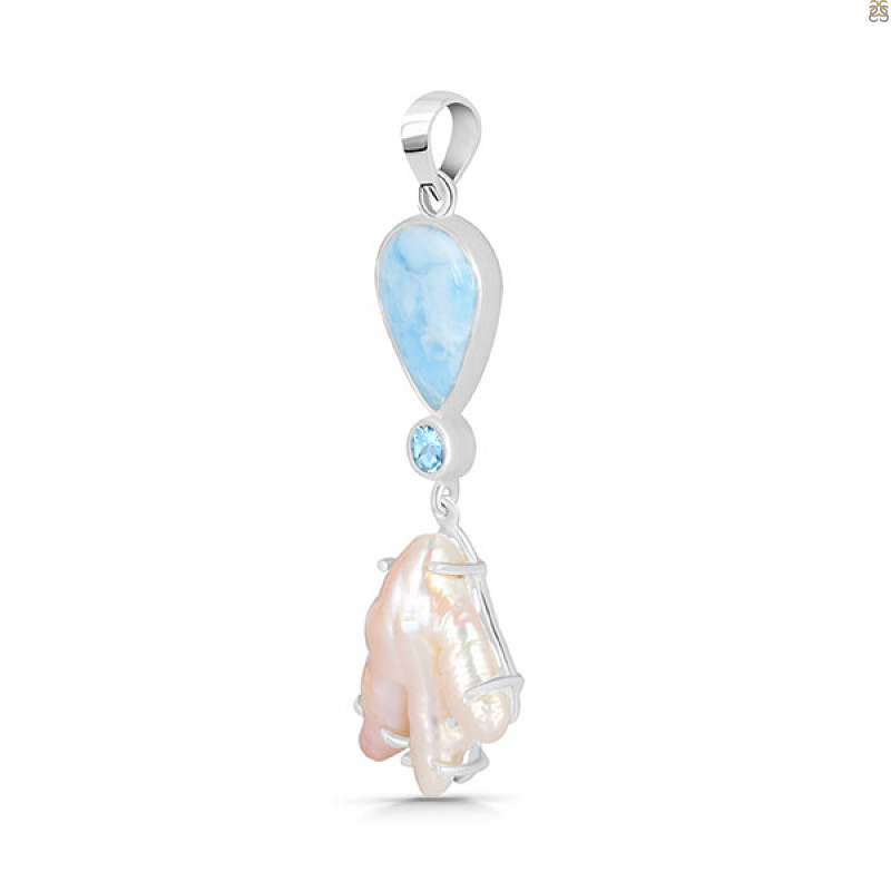 Larimar Blue-Topaz Biwa-Pearl Pendant-2SP LAR-1-1725