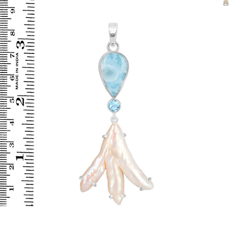 Larimar Blue-Topaz Biwa-Pearl Pendant-2SP LAR-1-1727