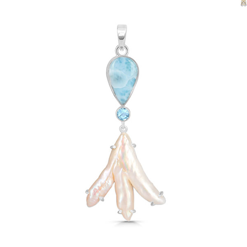 Larimar Blue-Topaz Biwa-Pearl Pendant-2SP LAR-1-1727