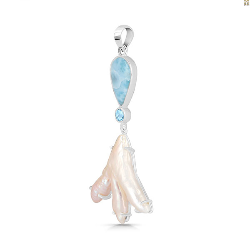 Larimar Blue-Topaz Biwa-Pearl Pendant-2SP LAR-1-1727