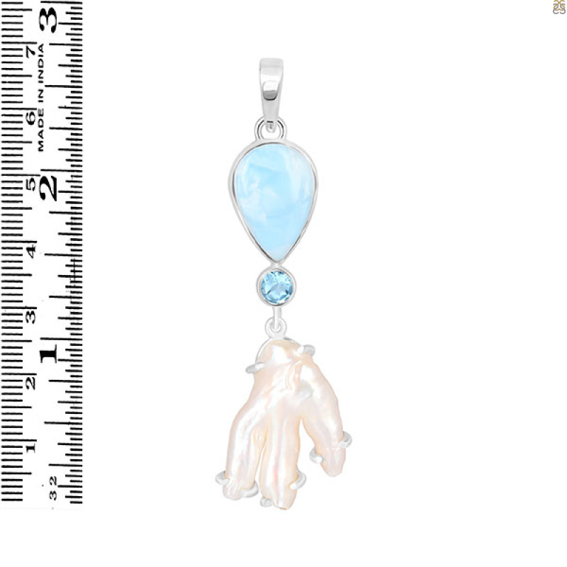 Larimar Blue-Topaz Biwa-Pearl Pendant-2SP LAR-1-1730