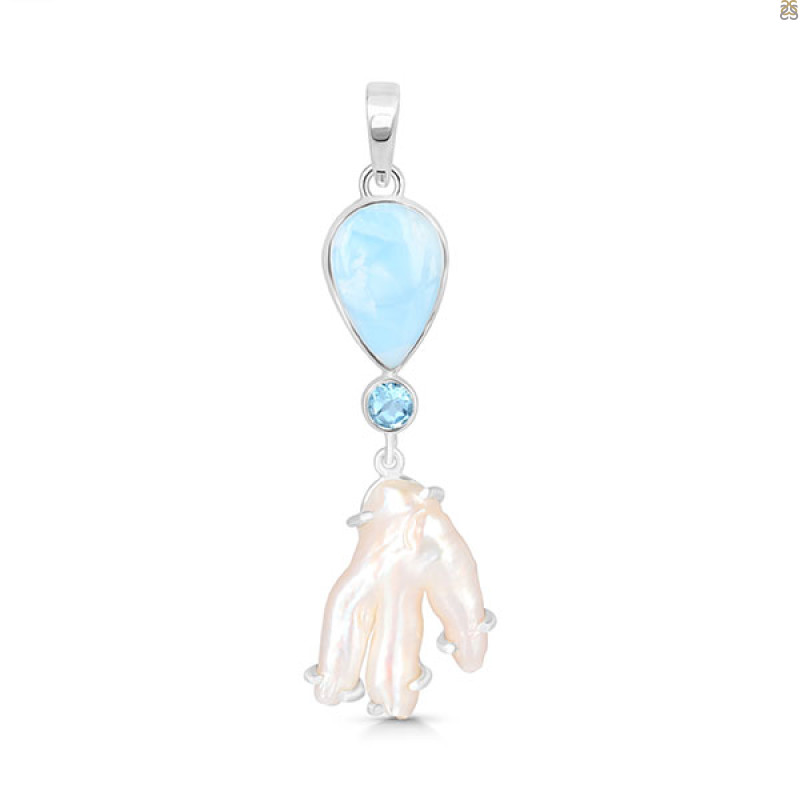 Larimar Blue-Topaz Biwa-Pearl Pendant-2SP LAR-1-1730