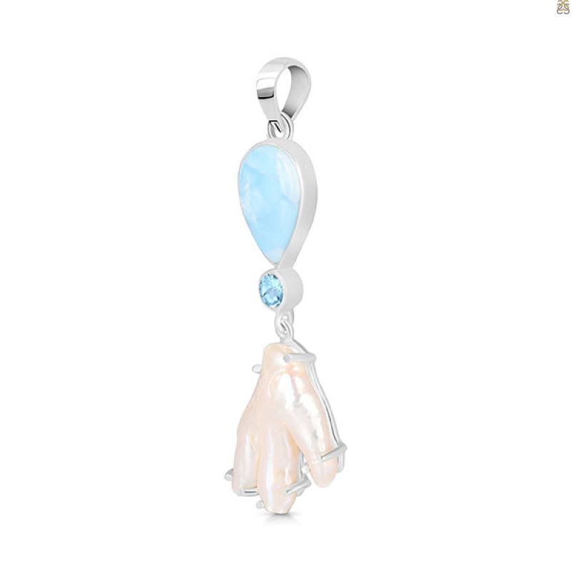 Larimar Blue-Topaz Biwa-Pearl Pendant-2SP LAR-1-1730