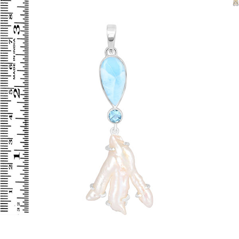 Larimar Blue-Topaz Biwa-Pearl Pendant-2SP LAR-1-1731