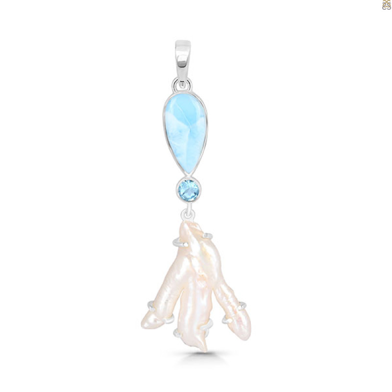 Larimar Blue-Topaz Biwa-Pearl Pendant-2SP LAR-1-1731