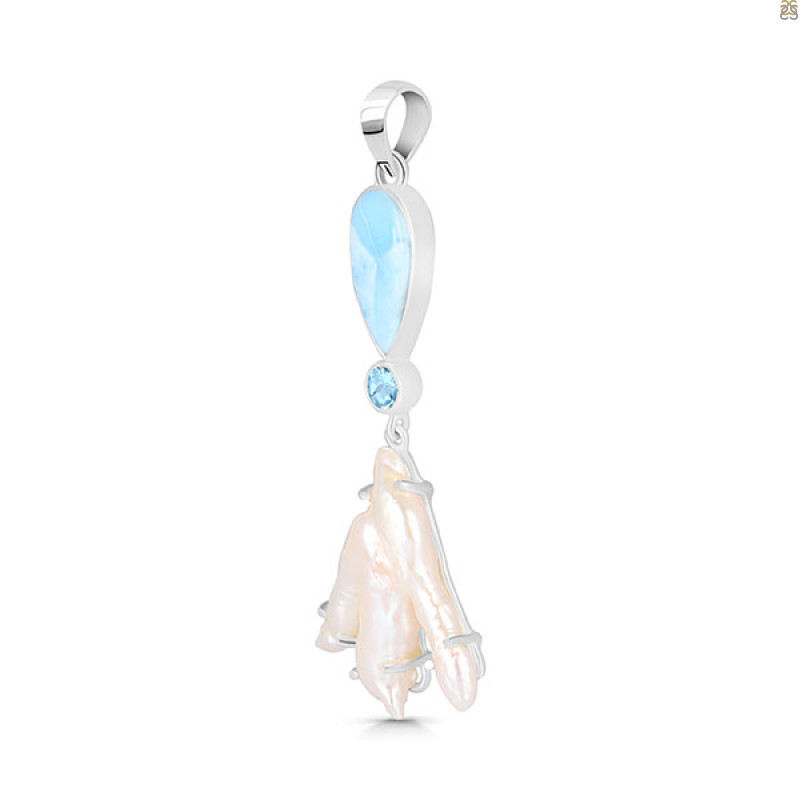 Larimar Blue-Topaz Biwa-Pearl Pendant-2SP LAR-1-1731