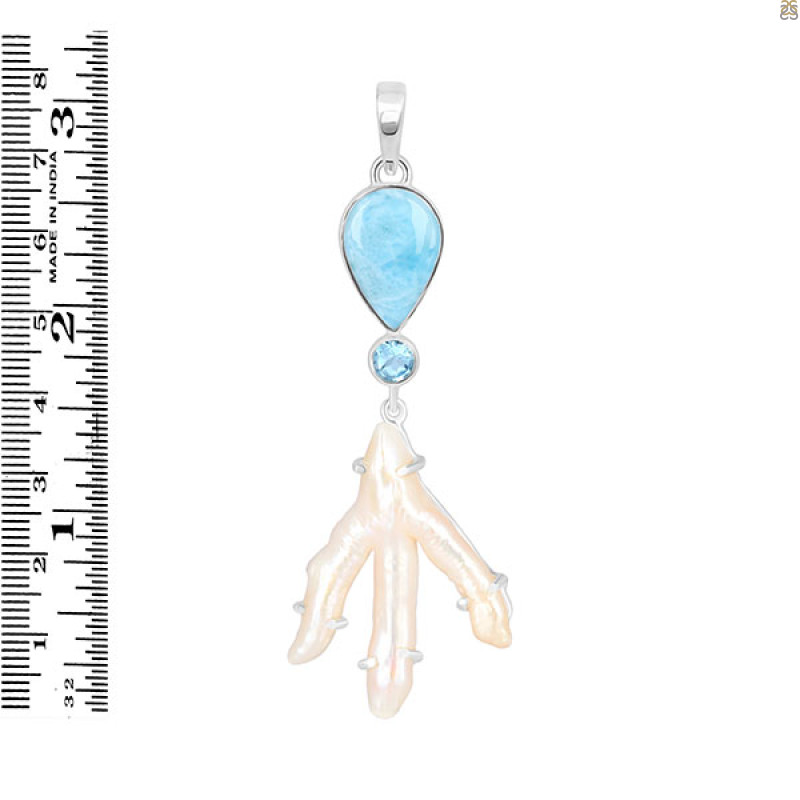 Larimar Blue-Topaz Biwa-Pearl Pendant-2SP LAR-1-1734