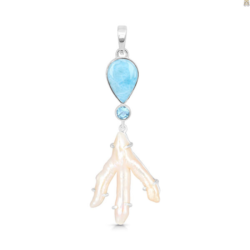 Larimar Blue-Topaz Biwa-Pearl Pendant-2SP LAR-1-1734