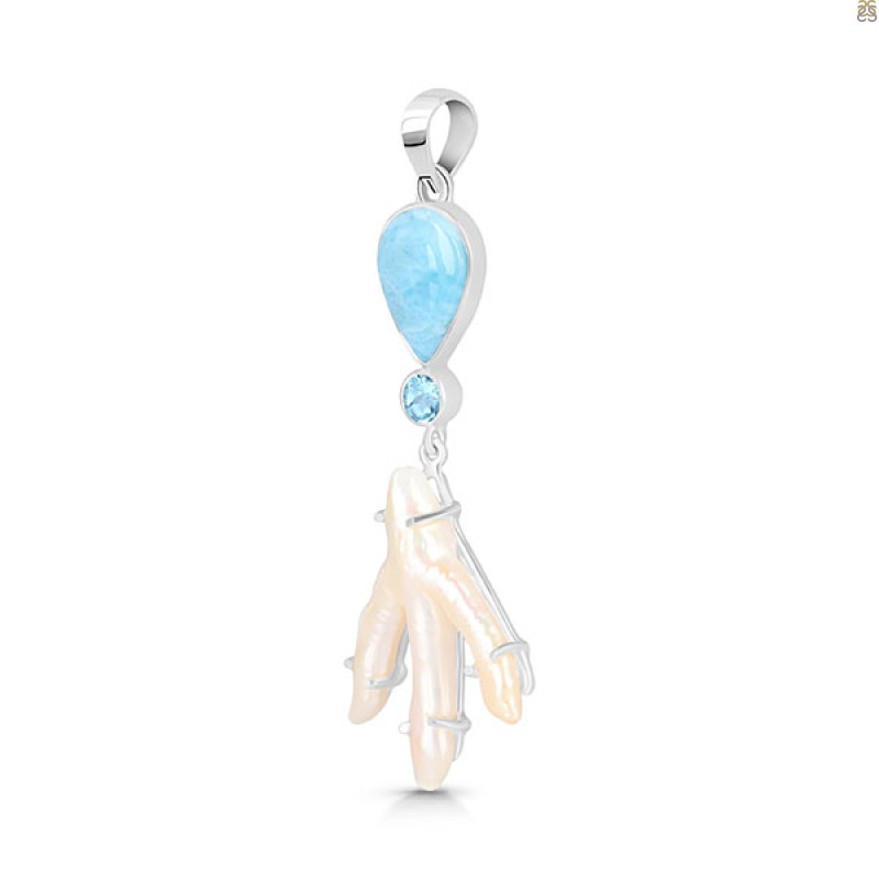 Larimar Blue-Topaz Biwa-Pearl Pendant-2SP LAR-1-1734