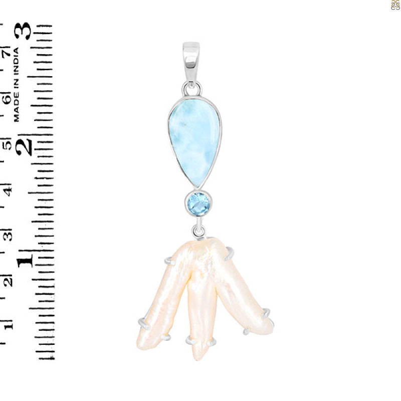 Larimar Blue-Topaz Biwa-Pearl Pendant-2SP LAR-1-1735
