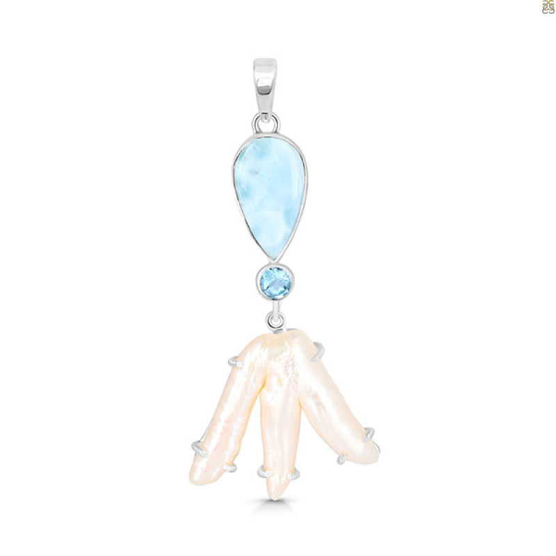 Larimar Blue-Topaz Biwa-Pearl Pendant-2SP LAR-1-1735