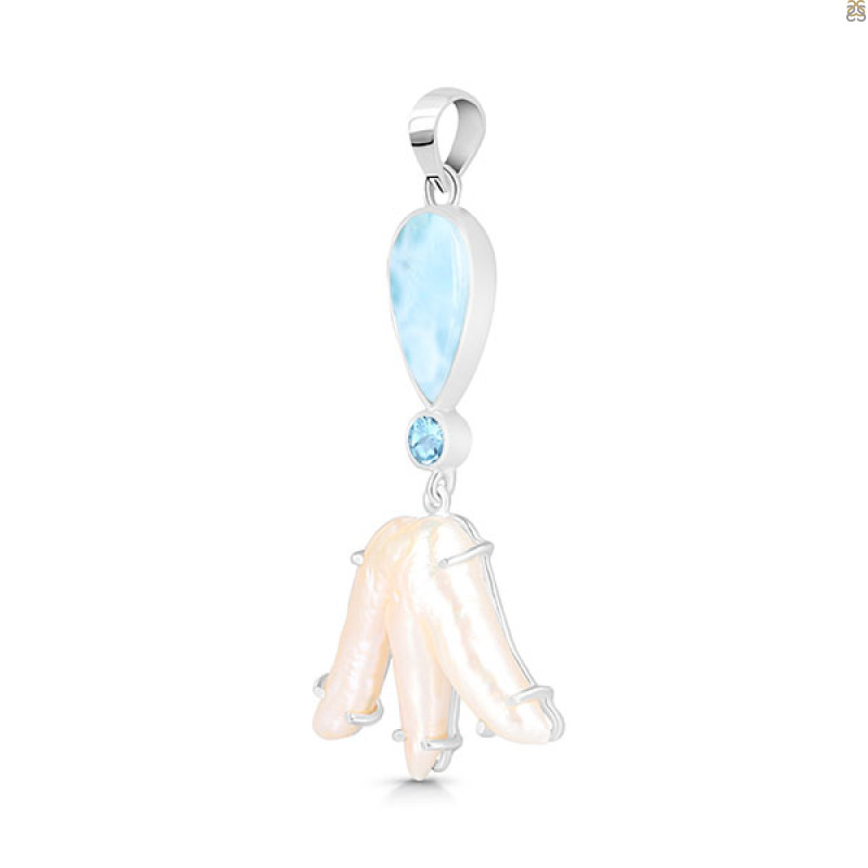 Larimar Blue-Topaz Biwa-Pearl Pendant-2SP LAR-1-1735