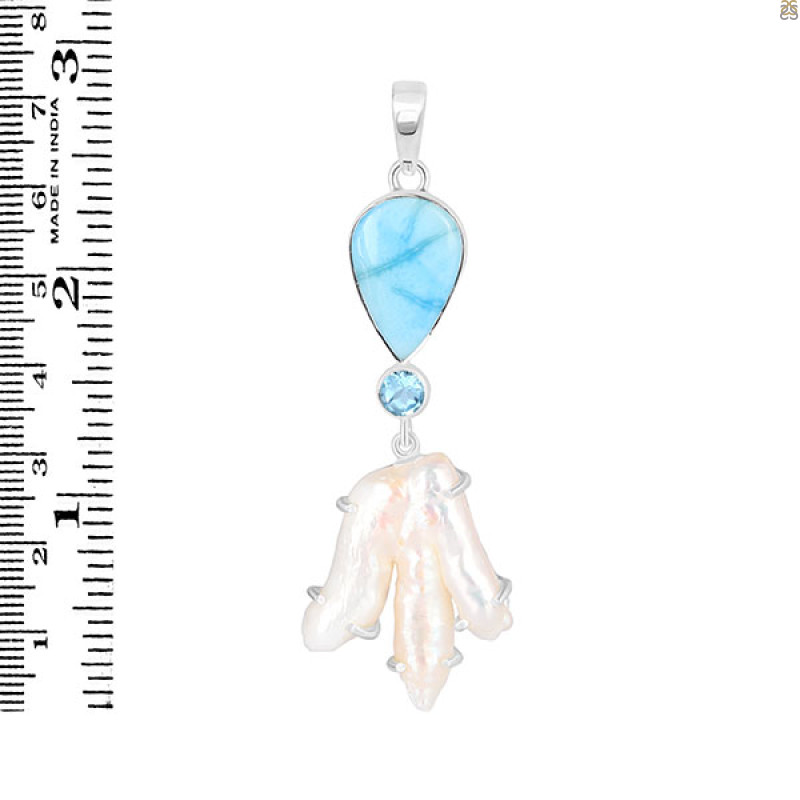 Larimar Blue-Topaz Biwa-Pearl Pendant-2SP LAR-1-1736