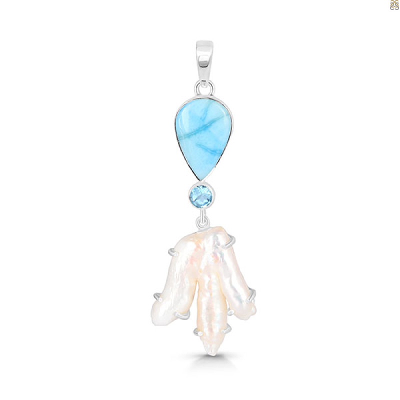 Larimar Blue-Topaz Biwa-Pearl Pendant-2SP LAR-1-1736