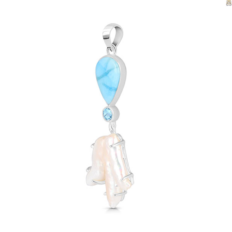 Larimar Blue-Topaz Biwa-Pearl Pendant-2SP LAR-1-1736