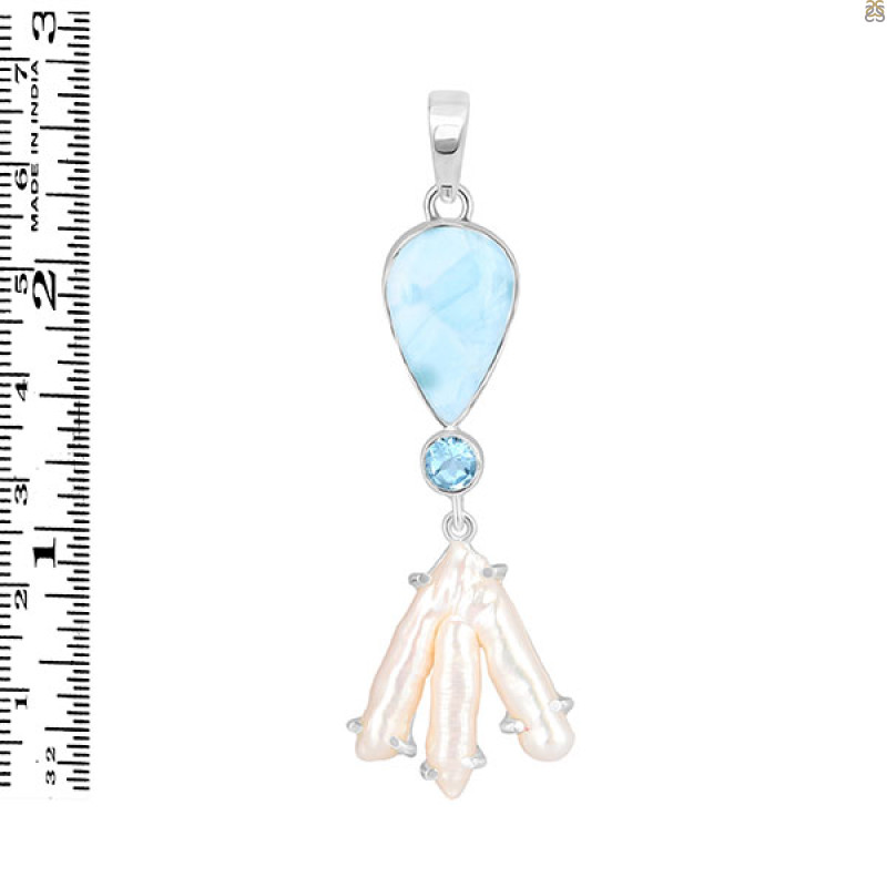 Larimar Blue-Topaz Biwa-Pearl Pendant-2SP LAR-1-1738