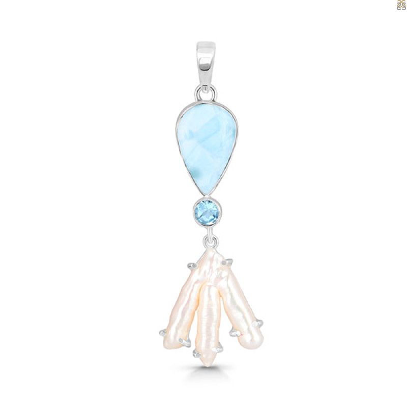 Larimar Blue-Topaz Biwa-Pearl Pendant-2SP LAR-1-1738