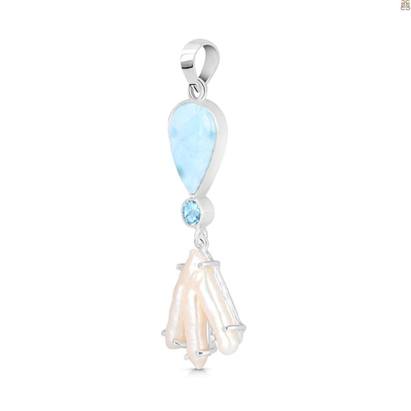 Larimar Blue-Topaz Biwa-Pearl Pendant-2SP LAR-1-1738