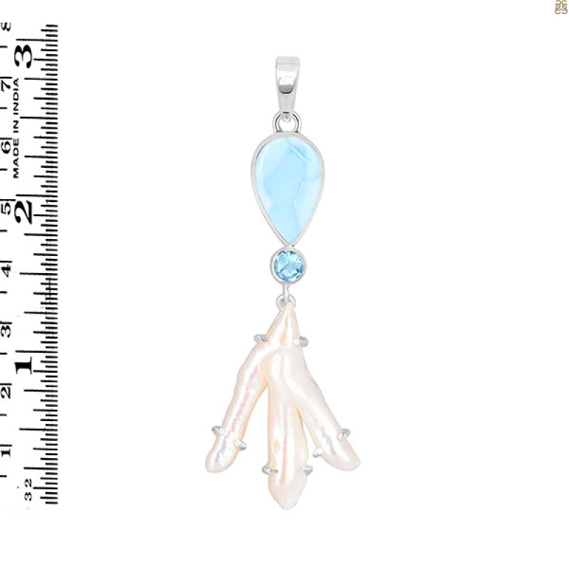 Larimar Blue-Topaz Biwa-Pearl Pendant-2SP LAR-1-1739