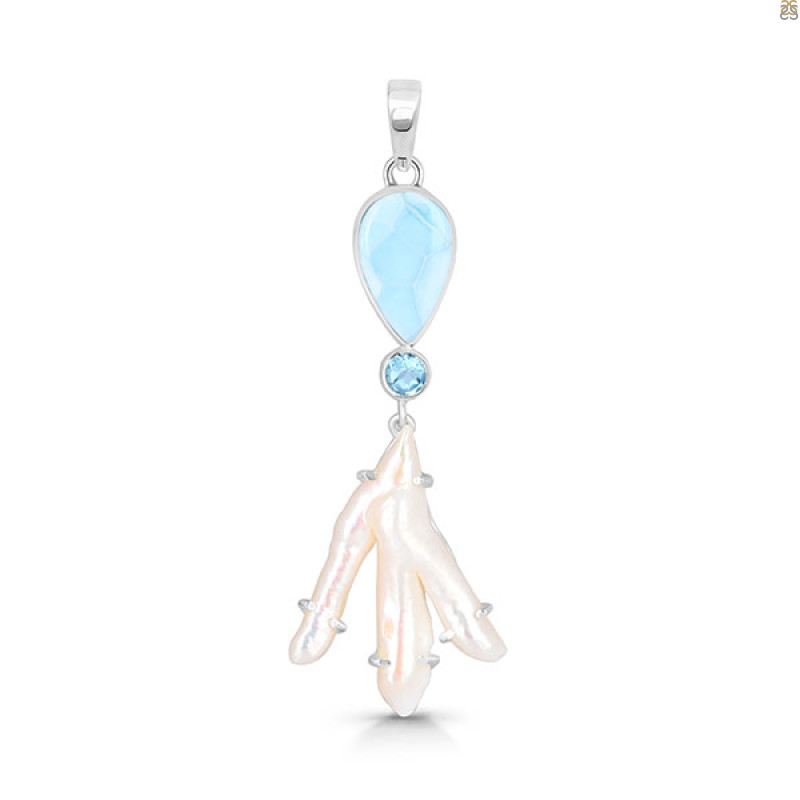 Larimar Blue-Topaz Biwa-Pearl Pendant-2SP LAR-1-1739