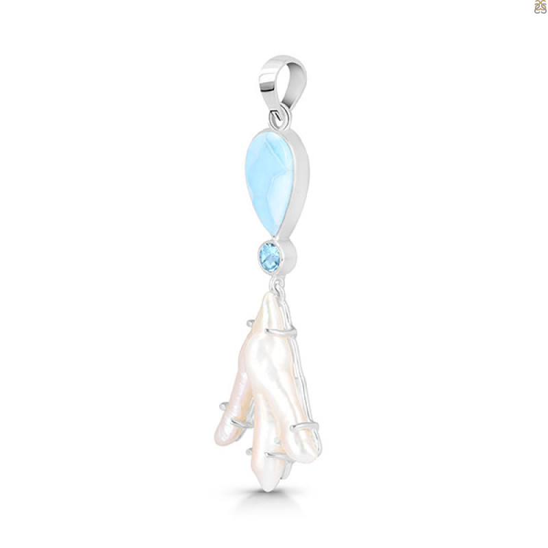Larimar Blue-Topaz Biwa-Pearl Pendant-2SP LAR-1-1739