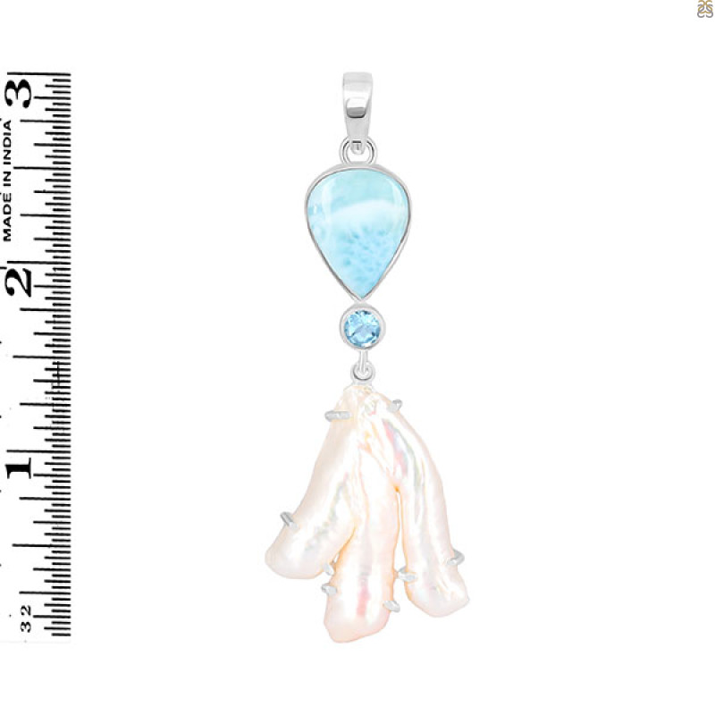 Larimar Blue-Topaz Biwa-Pearl Pendant-2SP LAR-1-1741