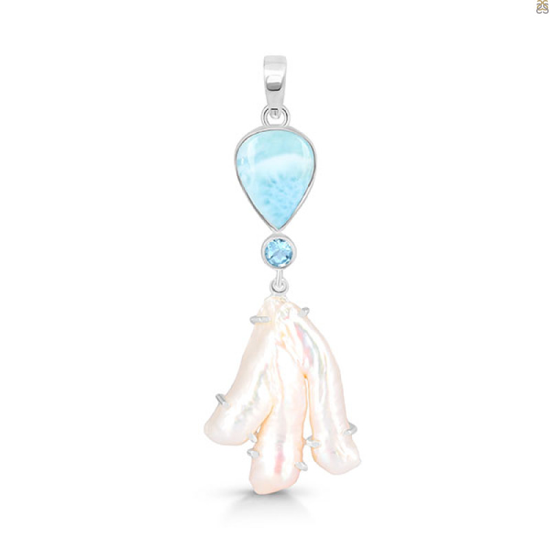 Larimar Blue-Topaz Biwa-Pearl Pendant-2SP LAR-1-1741