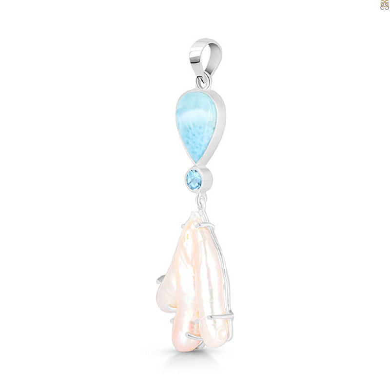 Larimar Blue-Topaz Biwa-Pearl Pendant-2SP LAR-1-1741