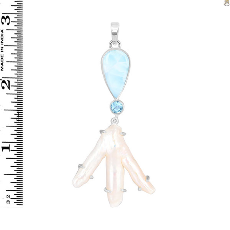 Larimar Blue-Topaz Biwa-Pearl Pendant-2SP LAR-1-1742