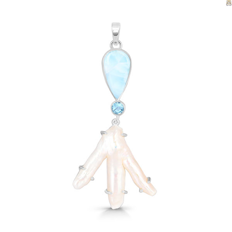 Larimar Blue-Topaz Biwa-Pearl Pendant-2SP LAR-1-1742