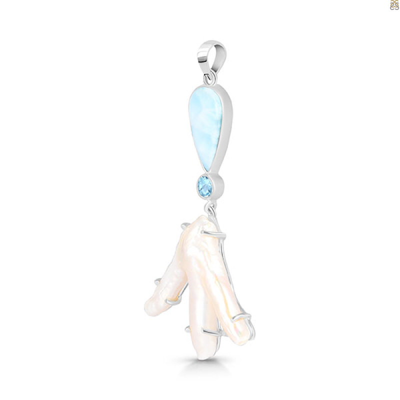 Larimar Blue-Topaz Biwa-Pearl Pendant-2SP LAR-1-1742